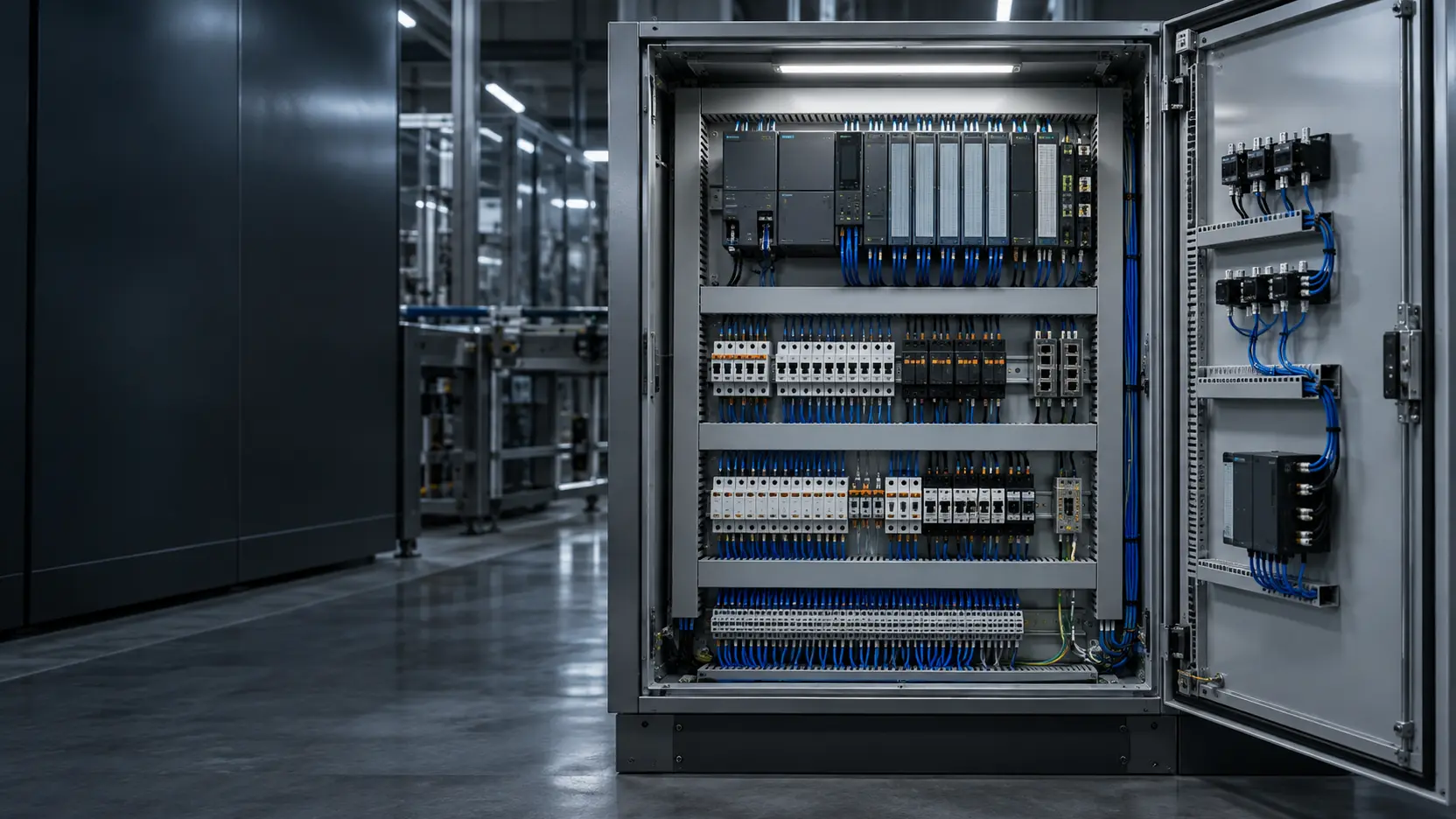 Tablou electric industrial modern, echipat cu automatizare și cablare organizată